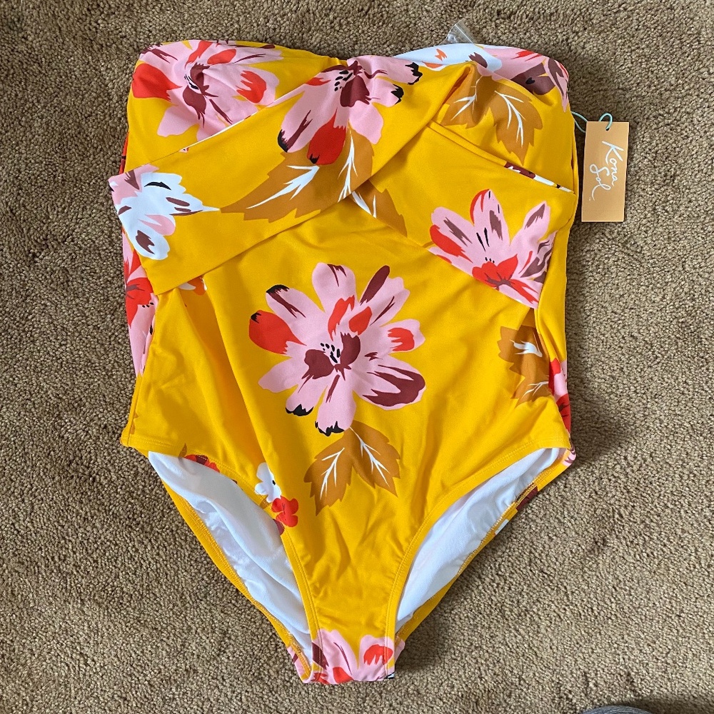 NWT Mustard Yellow Floral Faux Wrap Top Swimsuit